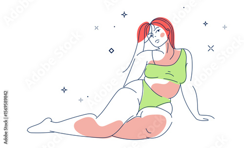 Modern Beauty Body Positivity Concept Art. Minimalist line art of a confident plus size woman in green swimwear, promoting self love, body positivity, and feminine empowerment. Vector illustration