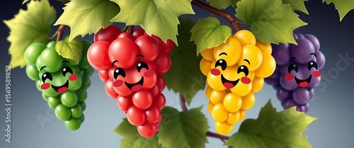 Four smiling cartoon grapes, green, purple, red, and yellow, with playful leaves, vector, red