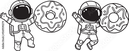 Astronaut Flying With Donut Cartoon Character silhouette