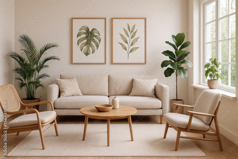 Scandinavian living room with neutral tones and botanical art neutral colors beige sofa Scandinavian living room with neutral tones and botanical art neutral colors beige sofa