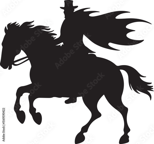 Black silhouette of a cowboy on a galloping horse with a flowing cape white