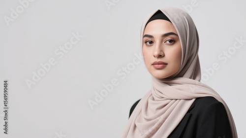 A young woman wearing a light beige hijab, facing the camera, with a neutral expression.