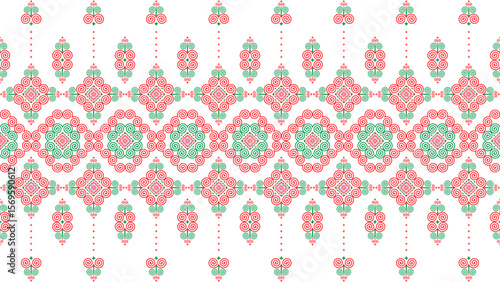 Hmong ethnic pattern, a pattern combining spiral and triangle patterns that resemble mountains, mixed with red and green.
