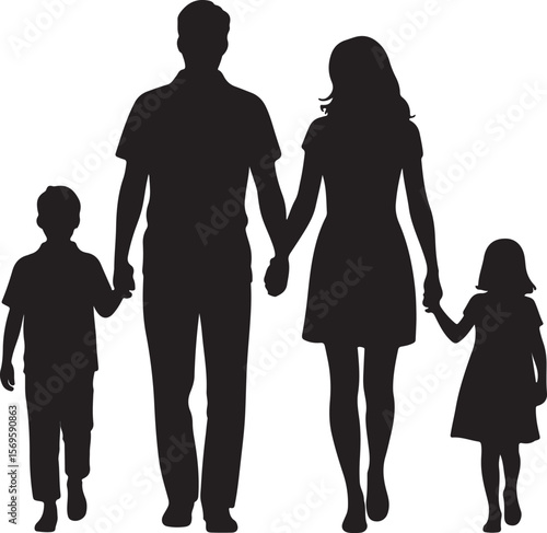 Family silhouette walking hand in hand parents children