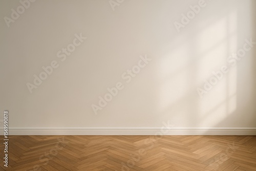 Warm beige wall with natural light casting geometric shadows on herringbone wood floor