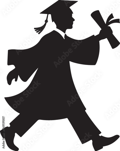 Graduation silhouette figure holding diploma walking gown