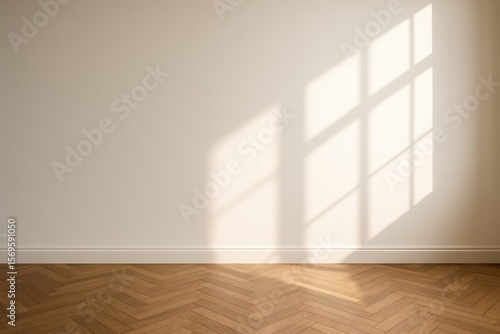 Warm Sunlight Illuminating Empty Room with Herringbone Floor interior window light
