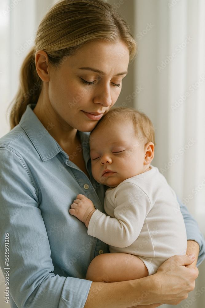 Childcare Peaceful Moment of Mother Holding Sleeping Baby in Natural Light Childcare Peaceful Moment of Mother Holding Sleeping Baby in Natural Light