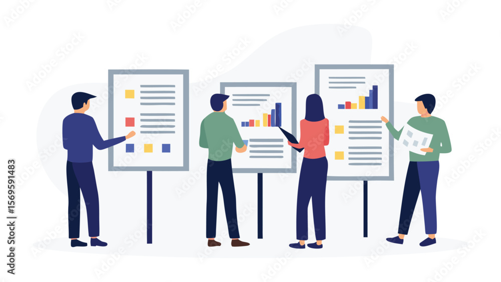 Group of people presenting data on whiteboards with charts and text in a business setting scene Group of people presenting data on whiteboards with charts and text in a business setting scene