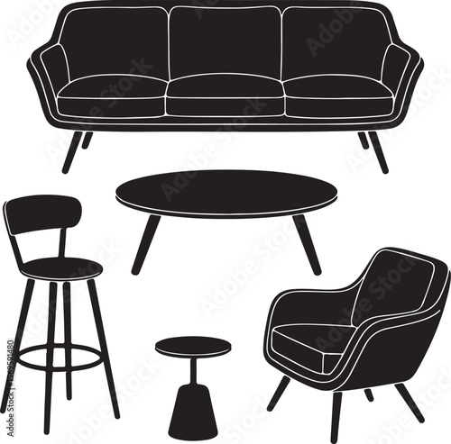 Modern furniture silhouette collection with sofa armchair stool and tables coffee table