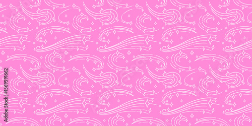 Seamless pink pattern with shooting stars and comets in doodle style