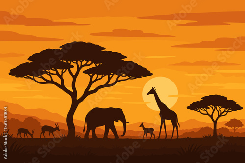 African safari landscape at sunset with animal silhouettes. Wildlife scene with elephant, giraffe, and acacia trees in the savannah. Flat vector cartoon illustration for travel.