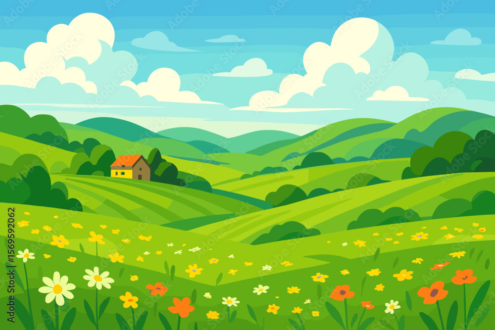 Fototapeta premium Summer landscape. Vector illustration. Green hills and field. Flower meadow. Rural countryside farm. Sunny day with blue sky and clouds. Cartoon nature scenery background.