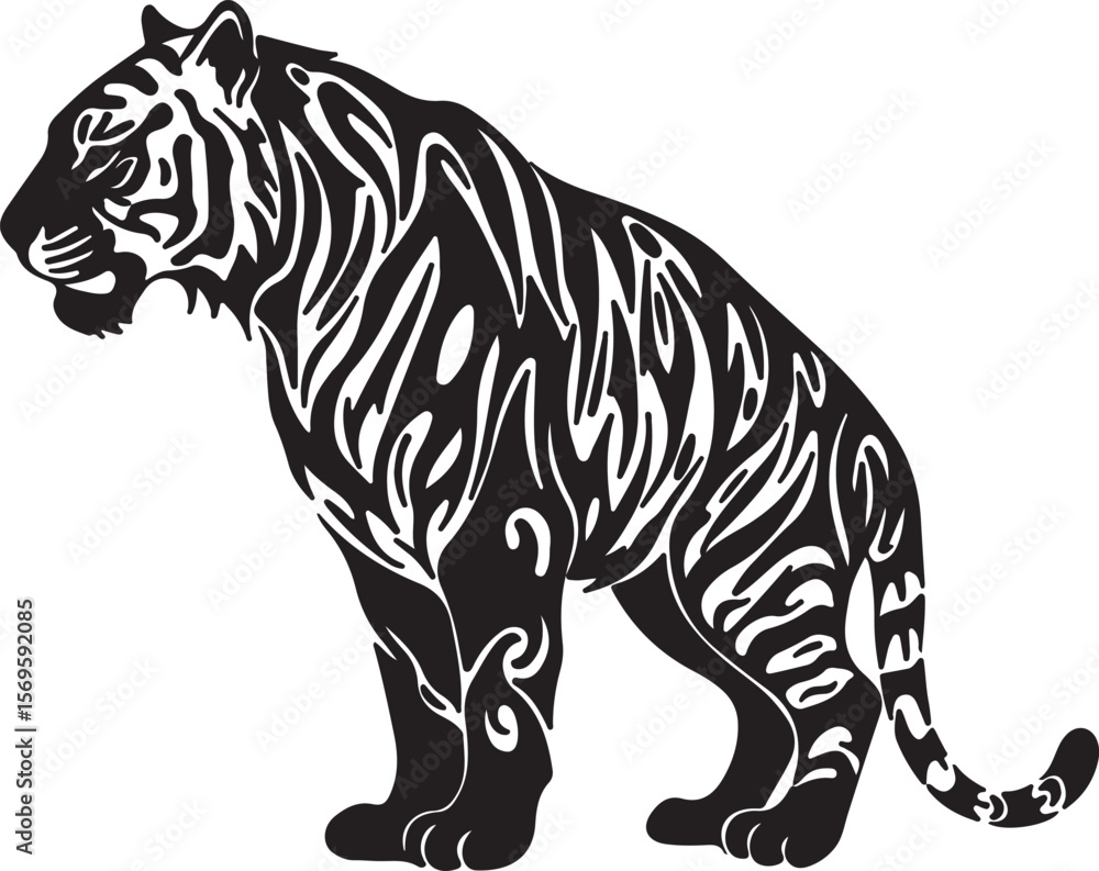 Obraz premium Tiger with black and white stripes standing in a stylized pose, showcasing intricate patterns and bold outlines