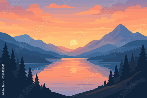 Mountain lake sunrise vector landscape. Tranquil nature scenery with sun, forest and water reflection. Modern flat cartoon illustration for travel background or wallpaper concept.