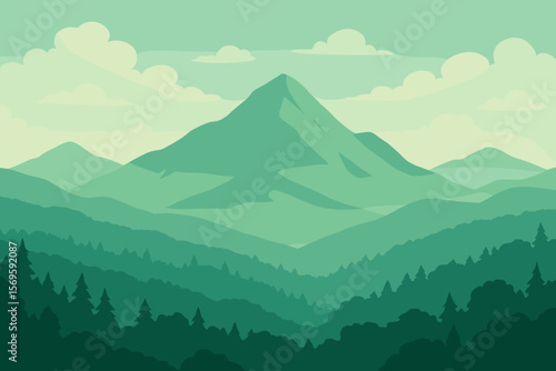 Mountain landscape vector background. Green silhouettes of mountains, hills, and forest panorama. Scenic nature scenery with misty haze, fog, and clouds in the sky. Calm serene morning view.
