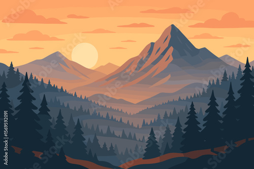 Mountain landscape at sunset. Nature background with pine forest and sun. Concept of travel, hiking, outdoor activities, adventure, tourism. Flat vector illustration.