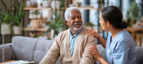 The compassionate caregiver offering support to an elderly man in a cozy home environment.