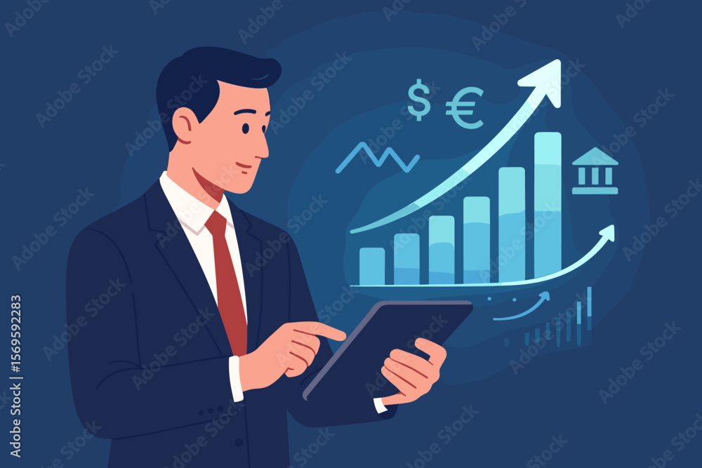 Businessman analyzing stock market data on tablet. Financial growth concept with hologram graph, chart. Investment, currency exchange, banking technology vector illustration. Businessman analyzing stock market data on tablet. Financial growth concept with hologram graph, chart. Investment, currency exchange, banking technology vector illustration.