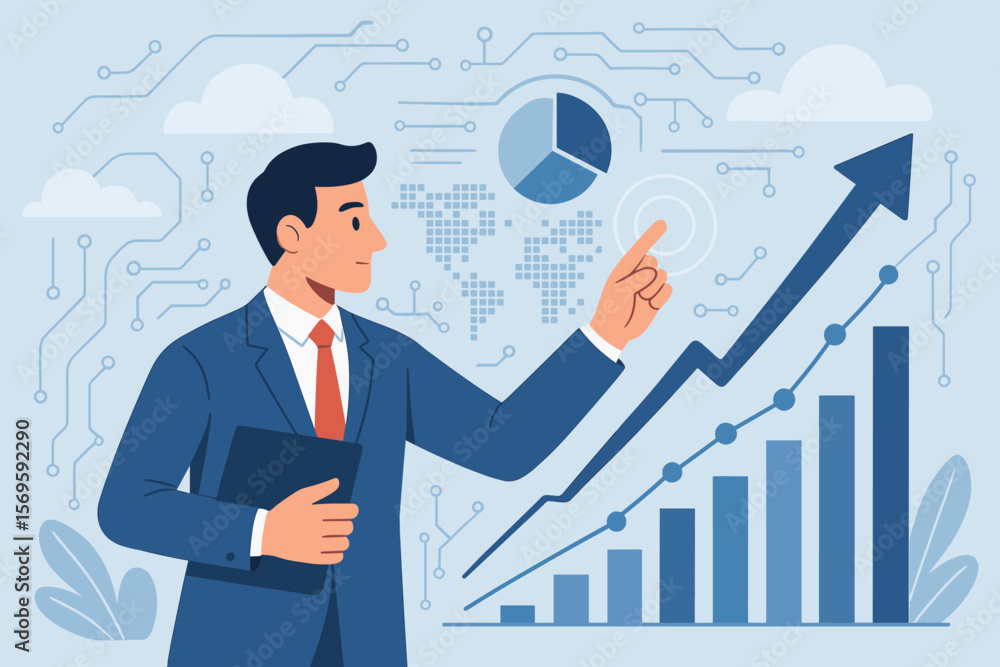 Businessman analysis market business growth data. AI system. Financial analytics and strategy concept. Investment success. Data visualization chart graph. Flat vector cartoon. Businessman analysis market business growth data. AI system. Financial analytics and strategy concept. Investment success. Data visualization chart graph. Flat vector cartoon.