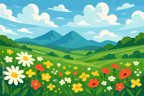 Summer spring landscape vector background. Cartoon field with blooming flowers, daisies, poppies. Green meadows, hills, mountains and blue sky. Idyllic rural countryside scene.