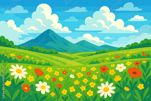 Summer landscape with mountains, green meadow, blooming flowers, daisies, poppies. Rural countryside valley scene. Spring nature background. Cartoon flat vector illustration.