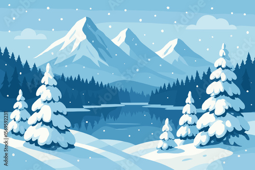 Winter landscape vector illustration. Snowy mountain and pine forest scene with lake. Beautiful nature with snow covered trees and snowfall. Christmas holiday seasonal background.
