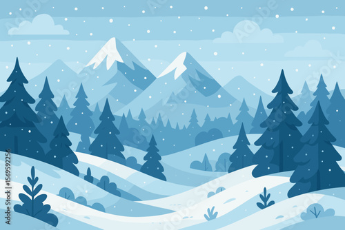 Winter landscape with snowy mountains and pine forest. Christmas holiday scenery in nature. Modern flat cartoon vector illustration for background, banner or postcard design.