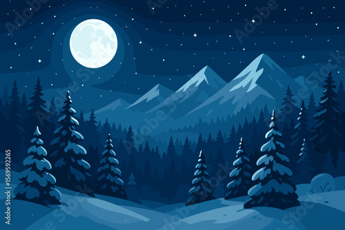 Winter night landscape with snow forest and mountains under a starry sky with a big full moon. Quiet peaceful nature scenery background. Midnight scene. Flat cartoon vector.