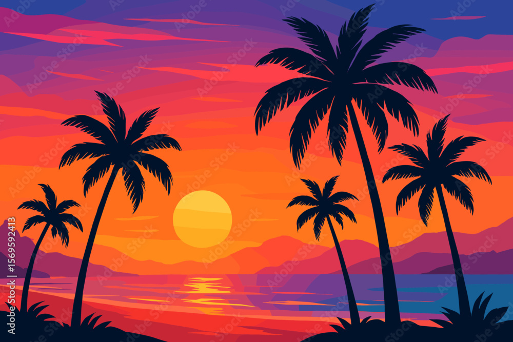 Tropical Paradise Beach Sunset, Palm Trees Silhouette, Vibrant Orange and Purple Sky, Summer Vacation, Serene Ocean, Mountain Silhouettes, Modern Flat Vector Illustration Tropical Paradise Beach Sunset, Palm Trees Silhouette, Vibrant Orange and Purple Sky, Summer Vacation, Serene Ocean, Mountain Silhouettes, Modern Flat Vector Illustration