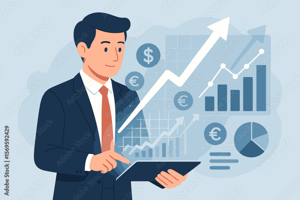 Businessman holding tablet analyzes stock market for business growth. Concept of currency exchange, banking, investment. Virtual hologram of statistics, graph, and chart. Businessman holding tablet analyzes stock market for business growth. Concept of currency exchange, banking, investment. Virtual hologram of statistics, graph, and chart.