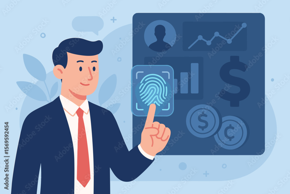 Businessman Using Fingerprint Authentication to Access Digital Financial Data, E-KYC, Biometrics Security, Fintech Innovation, Secure Online Banking, Identity Verification Businessman Using Fingerprint Authentication to Access Digital Financial Data, E-KYC, Biometrics Security, Fintech Innovation, Secure Online Banking, Identity Verification
