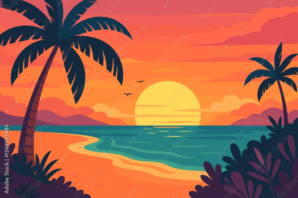 Obraz premium Vibrant Sunset Paradise Beach with Palm Trees, Tropical Coastline, Calm Ocean Waves, Birds, Colorful Sky, Modern Flat Vector Illustration, Summer Vacation, Relaxation, Nature Landscape