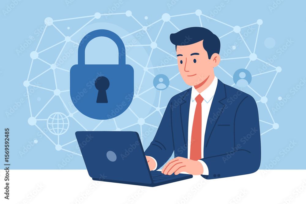 Cybersecurity Data Protection Concept. Businessman in Suit Using Laptop, Digital Padlock, Secure Internet Network, Information Privacy, Technology Security, Social Media Safety, Global Connection Cybersecurity Data Protection Concept. Businessman in Suit Using Laptop, Digital Padlock, Secure Internet Network, Information Privacy, Technology Security, Social Media Safety, Global Connection