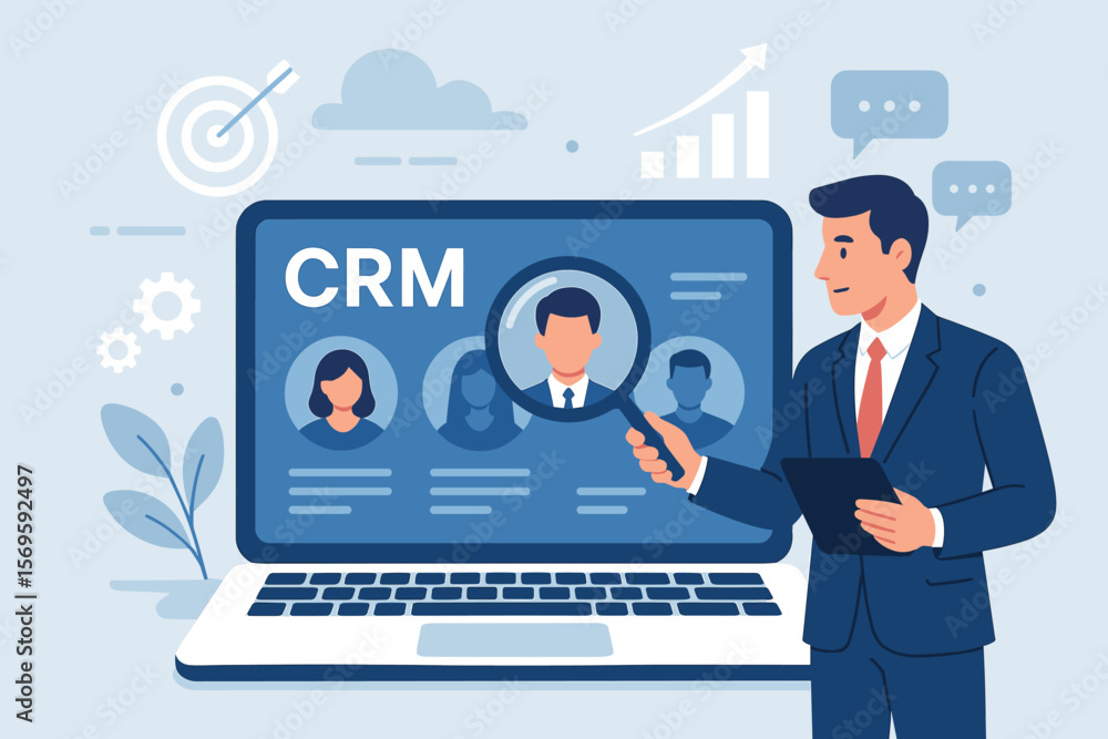 CRM Customer Management Strategy for Business Growth and Success, Businessman Using Smart Data Intelligence Technology, Customer Acquisition, Target Audience Analysis, Efficient Search CRM Customer Management Strategy for Business Growth and Success, Businessman Using Smart Data Intelligence Technology, Customer Acquisition, Target Audience Analysis, Efficient Search