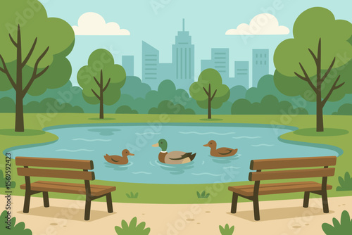 City park landscape with a pond and ducks swimming. Urban nature scene with benches. Summer background with waterfowl birds. Modern flat cartoon vector illustration concept.