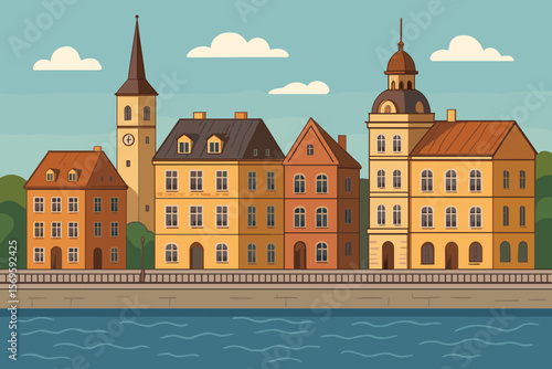 Picturesque European Cityscape with Historic Riverside Buildings, Embankment, Church Tower, Dome, Colorful Facades, Trees, Blue Sky, Modern Flat Vector Illustration