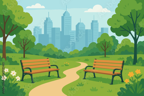 Urban City Park Benches, Green Trees, Flowers, Pathway, Skyscraper Skyline, Relaxation, Nature and Cityscape, Outdoor Recreation, Tranquil Public Garden, Modern Urban Landscape