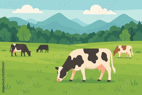 Grazing Cows in Green Meadow Pasture, Dairy Cattle on Grass Field, Mountain Forest Landscape, Livestock Agriculture, Flat Vector Illustration, Rural Nature Scene, Farm Animals, Countryside