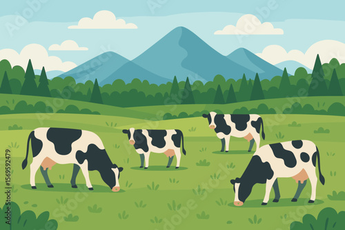 Grazing Cows in Green Meadow with Forest and Mountain Landscape, Flat Vector Illustration, Dairy Farm, Pasture, Livestock, Countryside, Rural Nature Scene