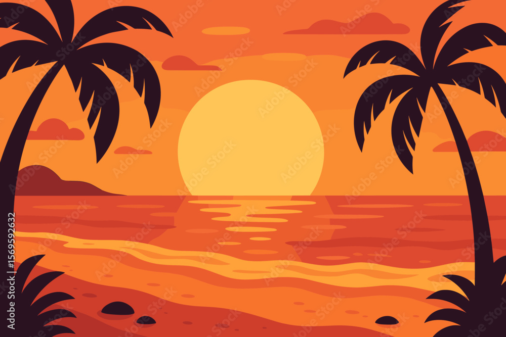 Tropical Beach Sunset with Large Sun, Palm Trees Silhouette, Ocean Waves, Relaxation and Vacation Concept, Modern Flat Vector Illustration, Summer Paradise Landscape Tropical Beach Sunset with Large Sun, Palm Trees Silhouette, Ocean Waves, Relaxation and Vacation Concept, Modern Flat Vector Illustration, Summer Paradise Landscape