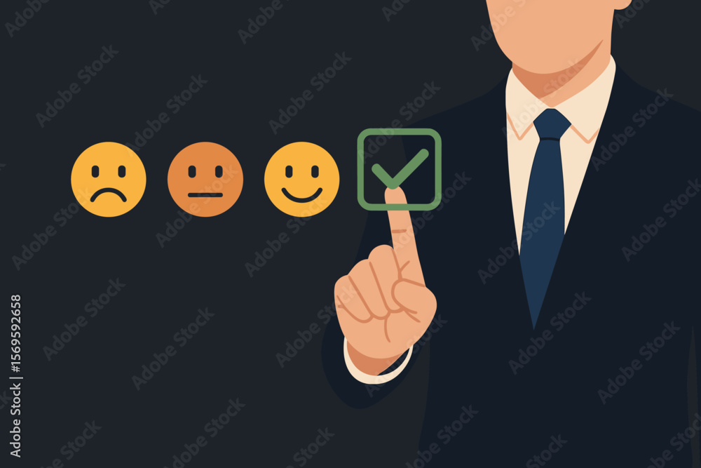 Businessman Touching Customer Satisfaction Rating Interface, Smiling Face Emoticon, Service Feedback, Client Experience, Quality Evaluation, Survey, Positive Review, Dark Background Businessman Touching Customer Satisfaction Rating Interface, Smiling Face Emoticon, Service Feedback, Client Experience, Quality Evaluation, Survey, Positive Review, Dark Background