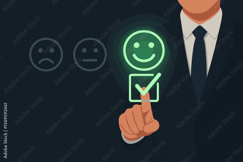 Businessman Touching Smiley Face Satisfaction Icon, Customer Service Rating, Positive Feedback, Service Quality Evaluation, Client Experience, Survey, Dark Background Businessman Touching Smiley Face Satisfaction Icon, Customer Service Rating, Positive Feedback, Service Quality Evaluation, Client Experience, Survey, Dark Background
