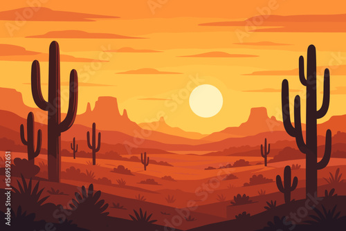 Majestic Wild West Desert Sunset Landscape. Vibrant Vector Illustration with Saguaro Cactus Silhouettes, Rugged Mountains, Bushes, Arid Nature, Dramatic Sky, Southwestern Scenery