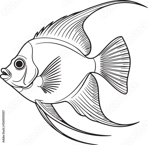 Angelfish silhouette with flowing fins and detailed scales aquatic marine