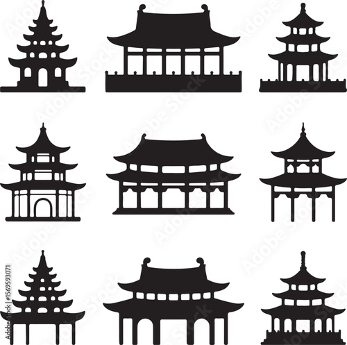 Asian pagodas and pavilions silhouette collection architecture