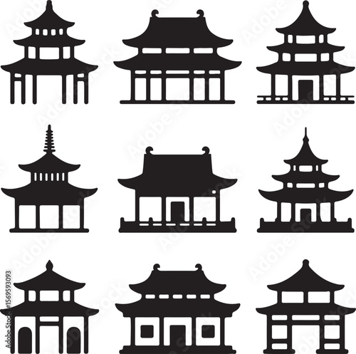 Asian pagodas architecture silhouette collection temple building