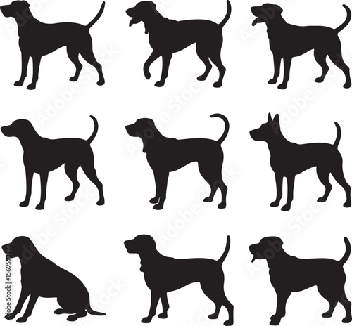 Black dog silhouettes various poses animal canine