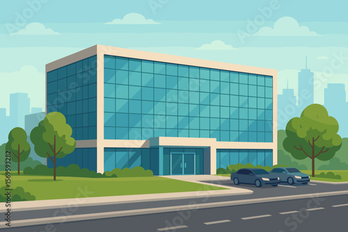 Wallpaper Mural Modern Glass Office Building with Green Lawn, Trees, Road, Parking Lot, Urban Skyline, Commercial Center, Corporate Headquarters, Business Park, Cityscape Torontodigital.ca