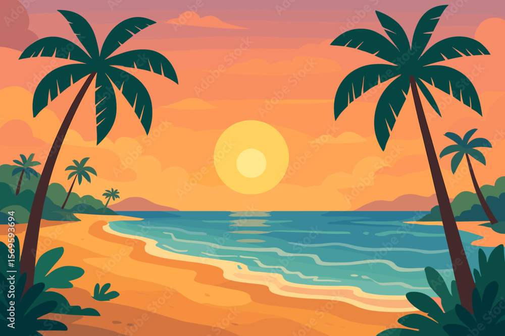 Tropical Beach Sunset Paradise. Palm Trees, Sandy Shore, Ocean Waves, Vibrant Sky, Exotic Island Coastline, Summer Vacation, Relaxation, Nature Landscape, Modern Flat Vector Illustration Tropical Beach Sunset Paradise. Palm Trees, Sandy Shore, Ocean Waves, Vibrant Sky, Exotic Island Coastline, Summer Vacation, Relaxation, Nature Landscape, Modern Flat Vector Illustration